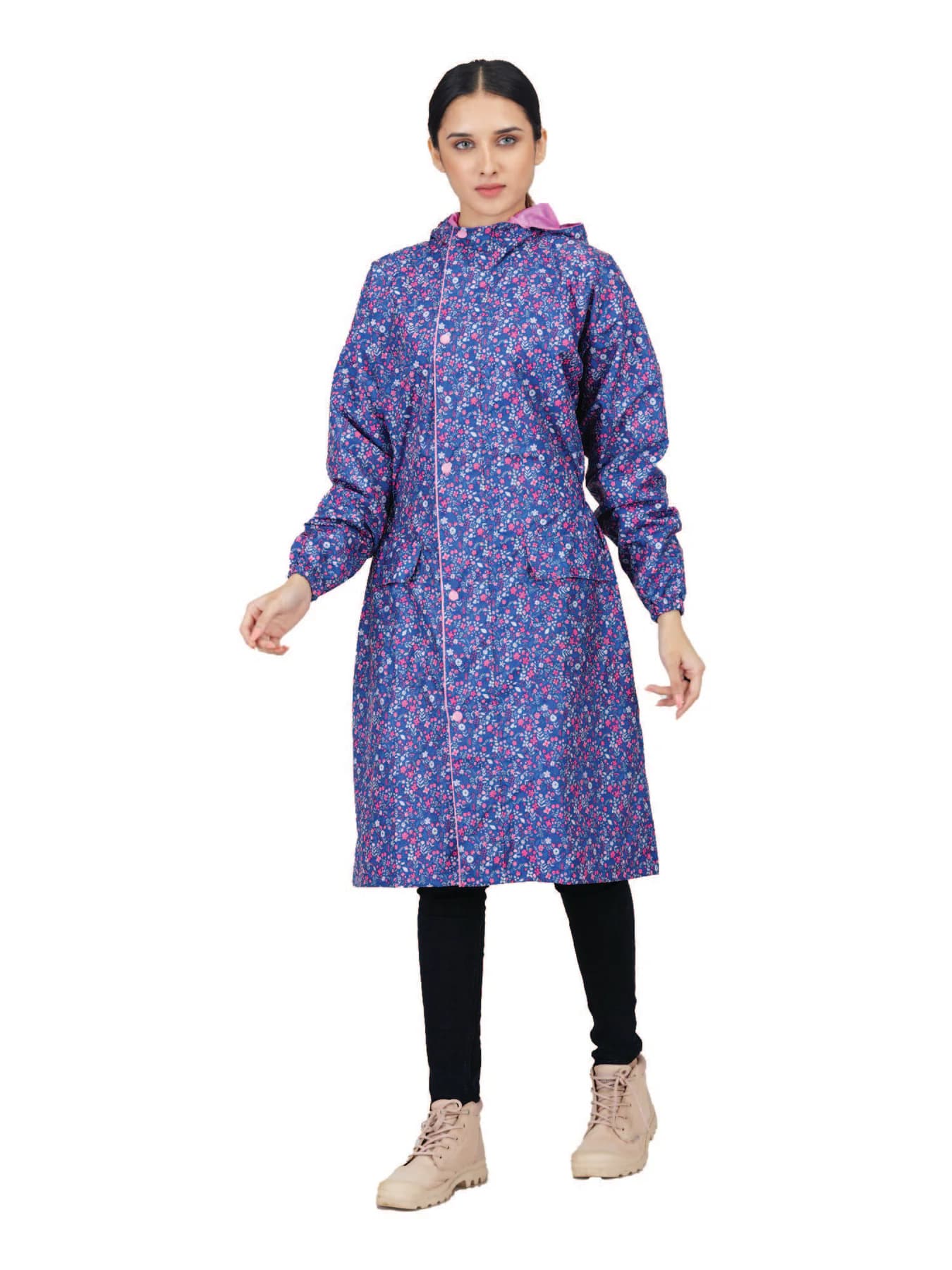 Women's Pink Non Reversible and Non Transparent Above Knee Full Sleeves Hooded Neck Printed Rain Jacket