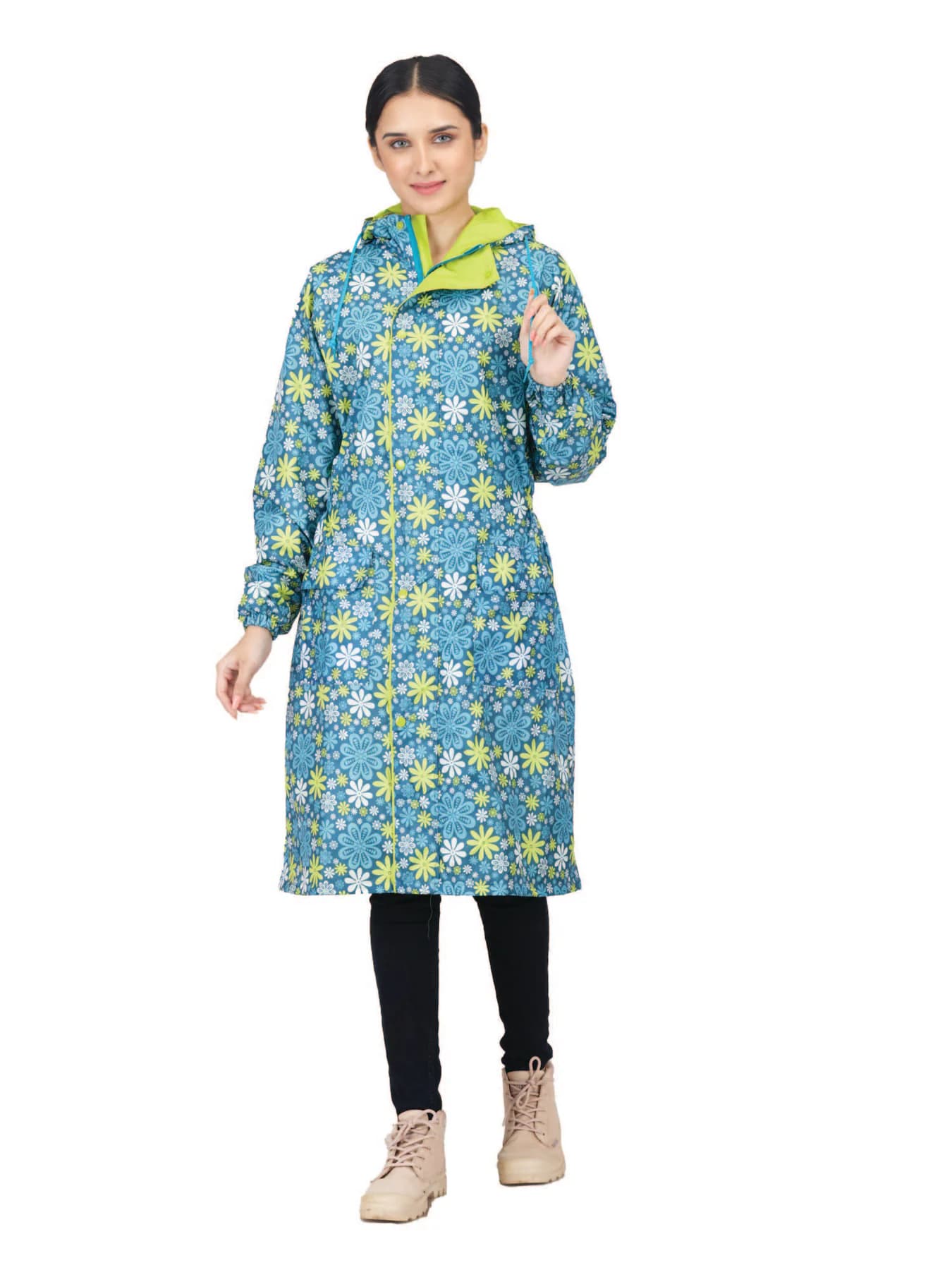 Women's Blue Non Reversible and Non Transparent Above Knee Full Sleeves Hooded Neck Printed Rain Jacket