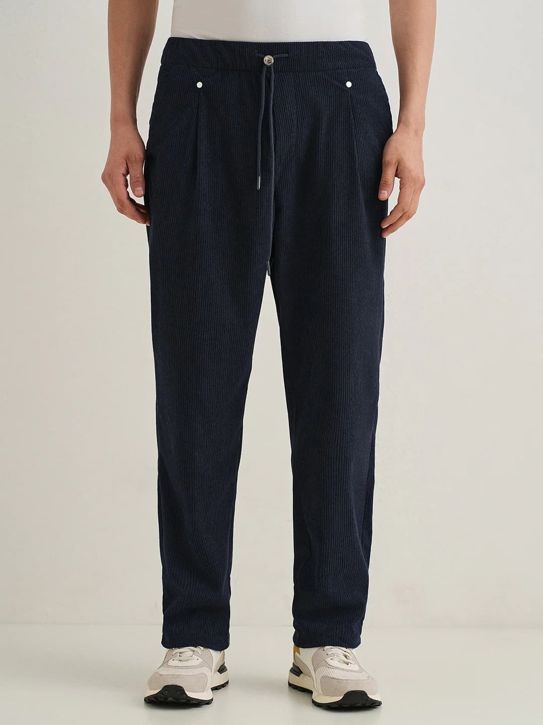 Men's Blue Casual Elasticated Mid Rise Straight Fit Corduroy Trouser