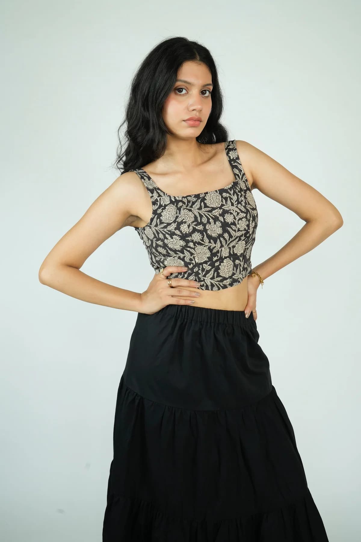 Women's Black Party Printed Regular Fit Shoulder Strap Top