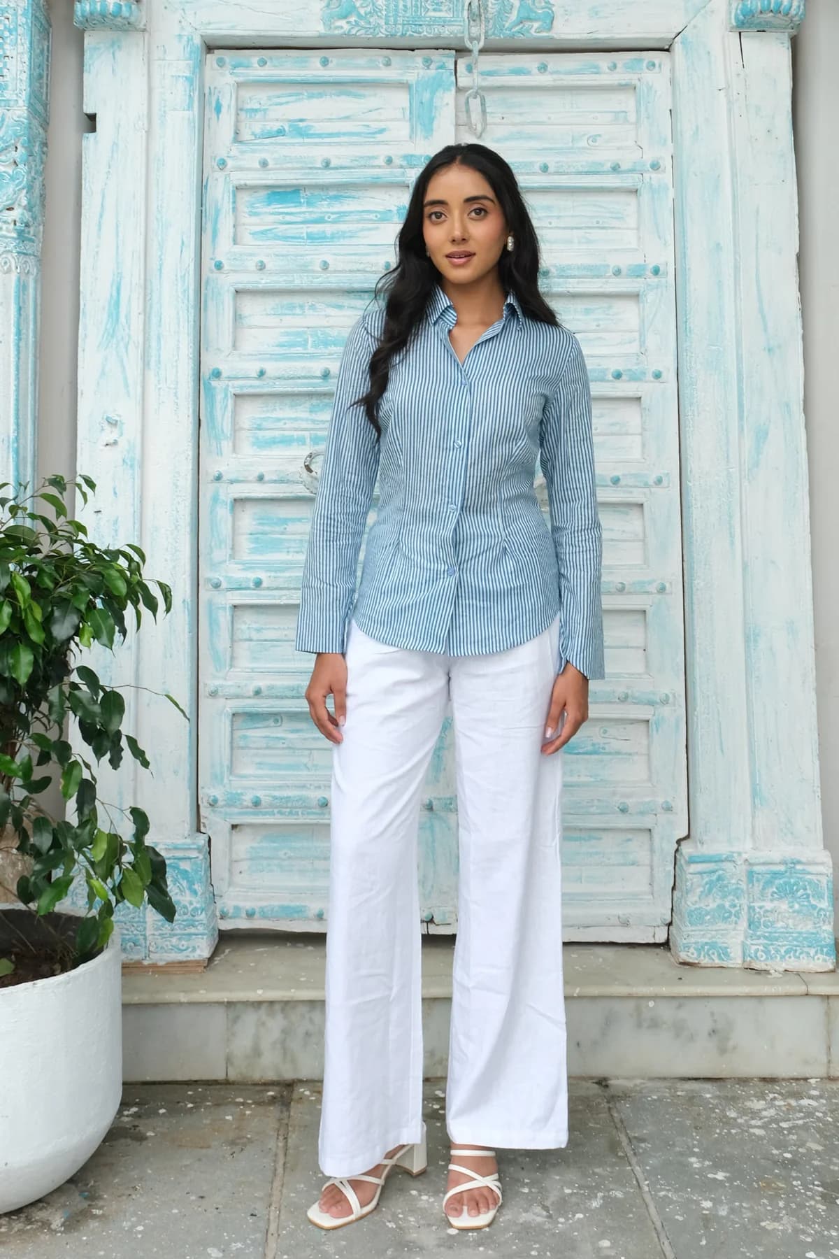 Women's Blue Casual Striped Regular Fit Shirt