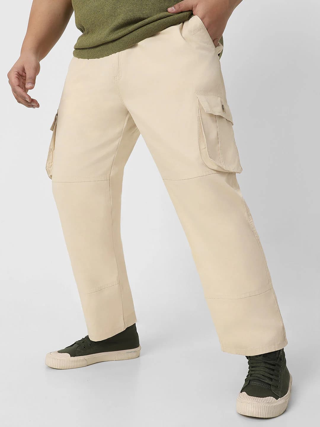 Men's Cream Casual Regular Fit Mid Rise Non-Faded Cargos