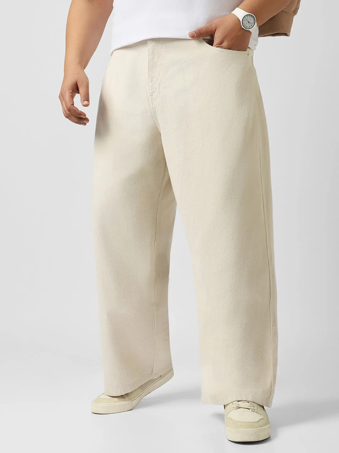 Men's Cream Casual Baggy Fit Mid Rise Non-Faded Jeans