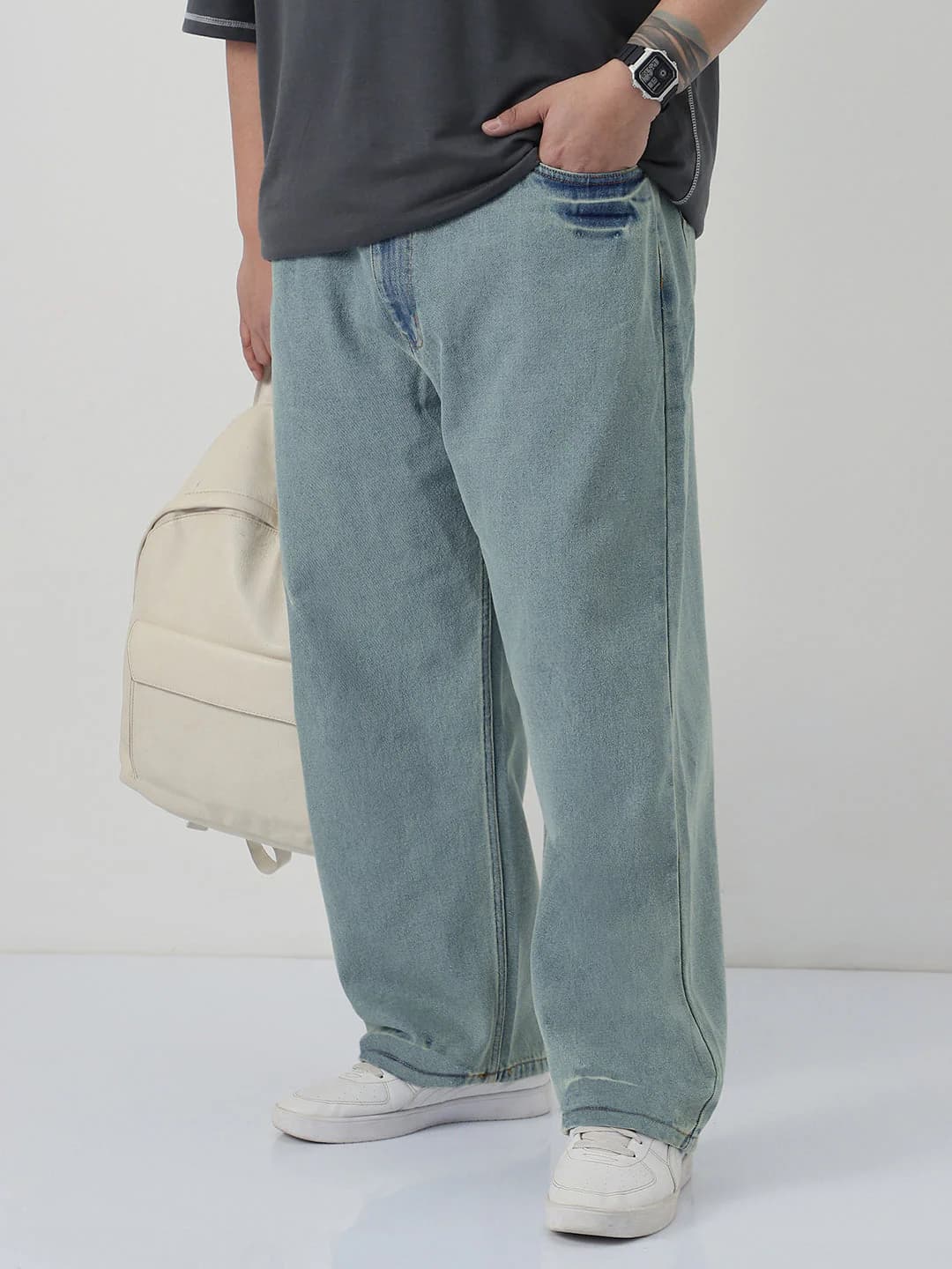 Men's Blue Casual Baggy Fit Mid Rise Non-Faded Jeans