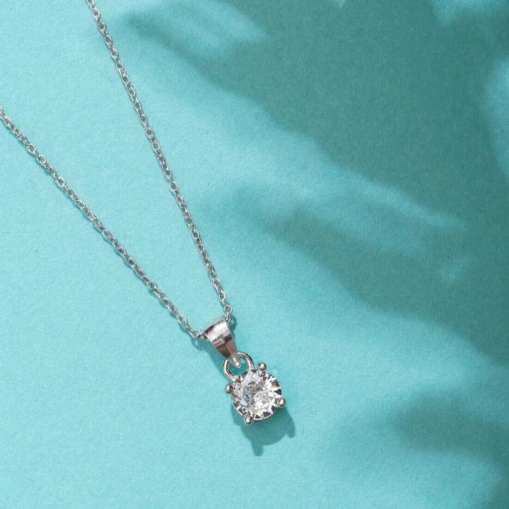Women's Solitaire 925 Silver Rhodium Plated Necklace with Link Chain