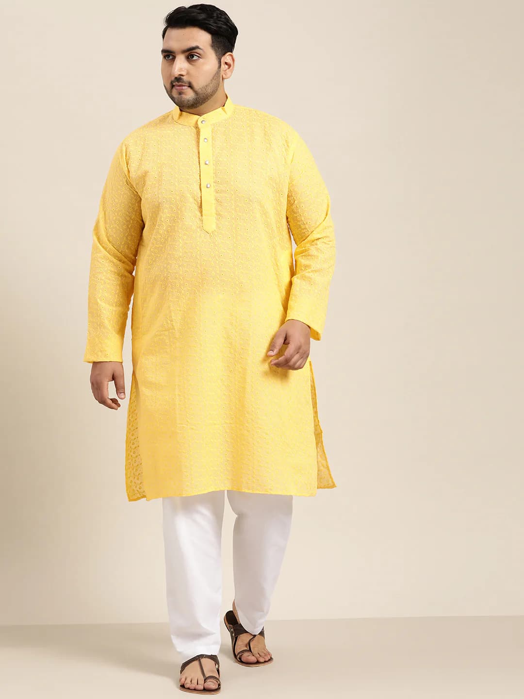 Men's Yellow Festive Self-Design Oversized Fit Kurta