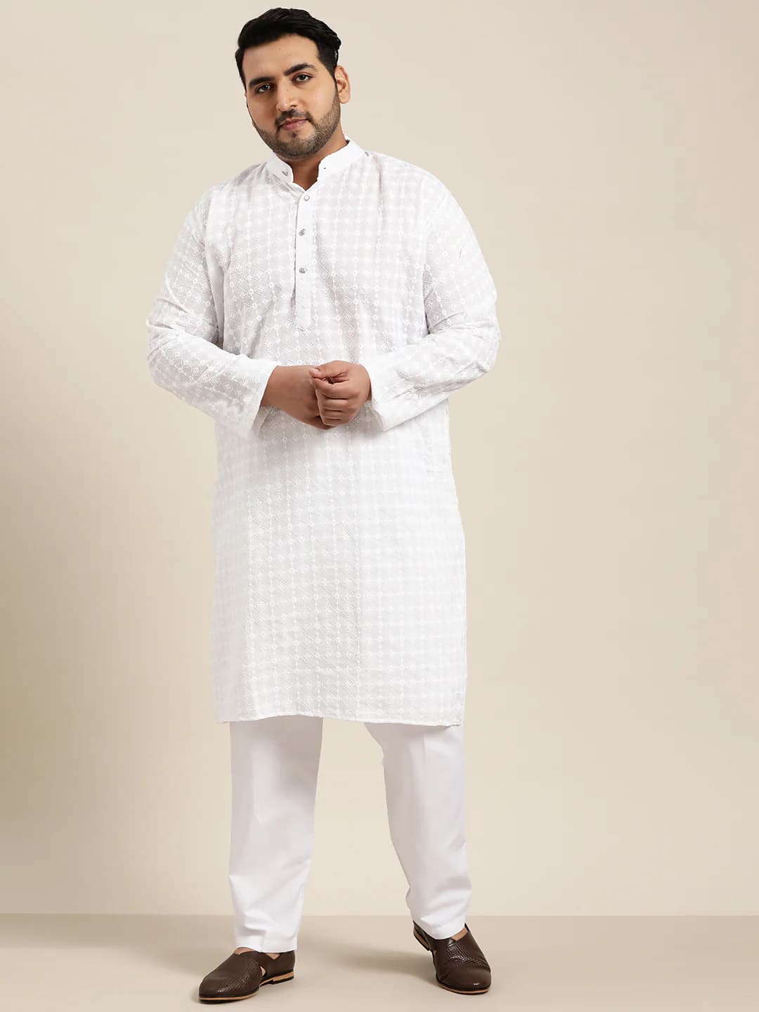 Men's White Festive Self-Design Oversized Fit Kurta