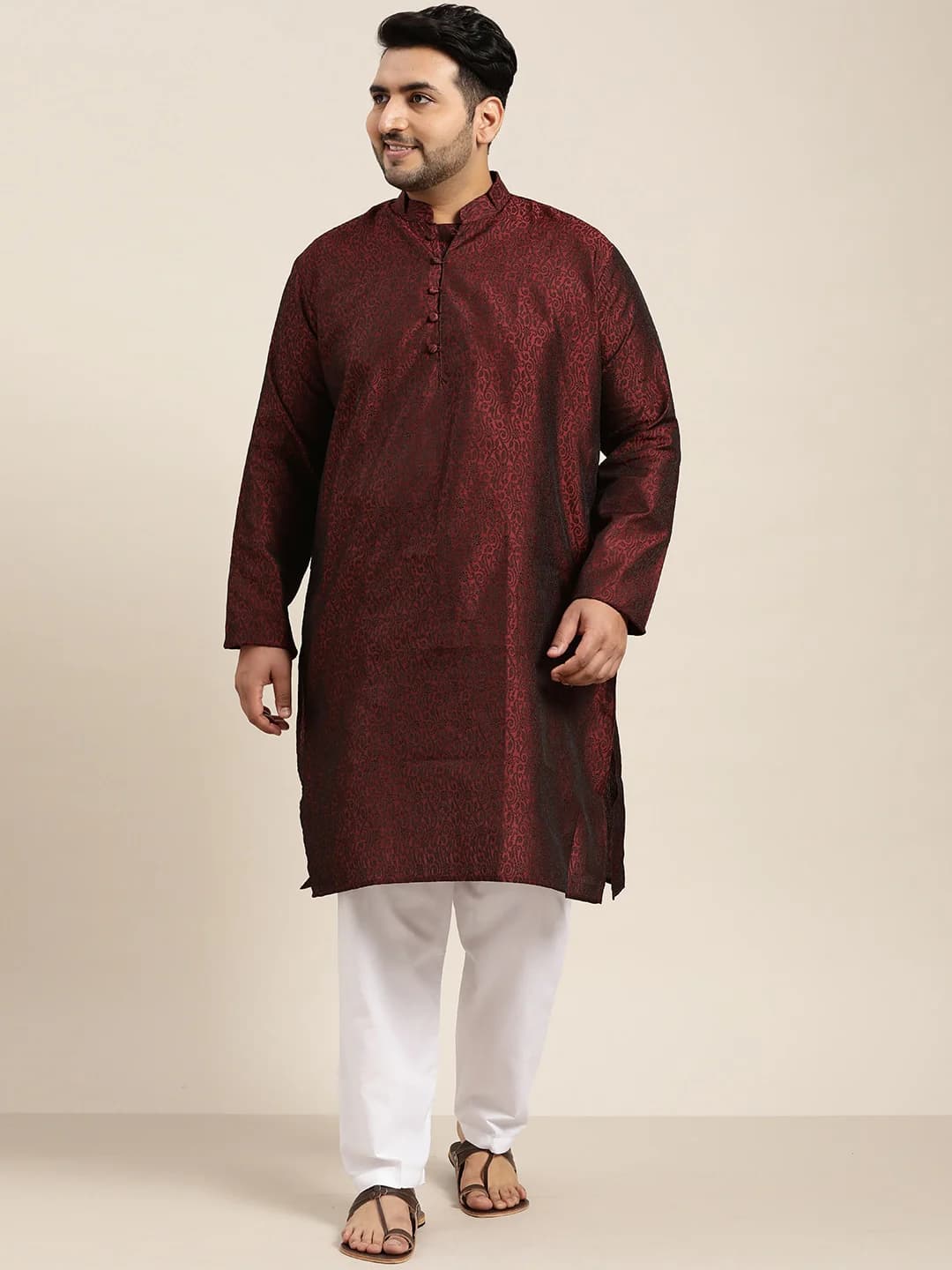 Men's Red Festive Self-Design Oversized Fit Kurta