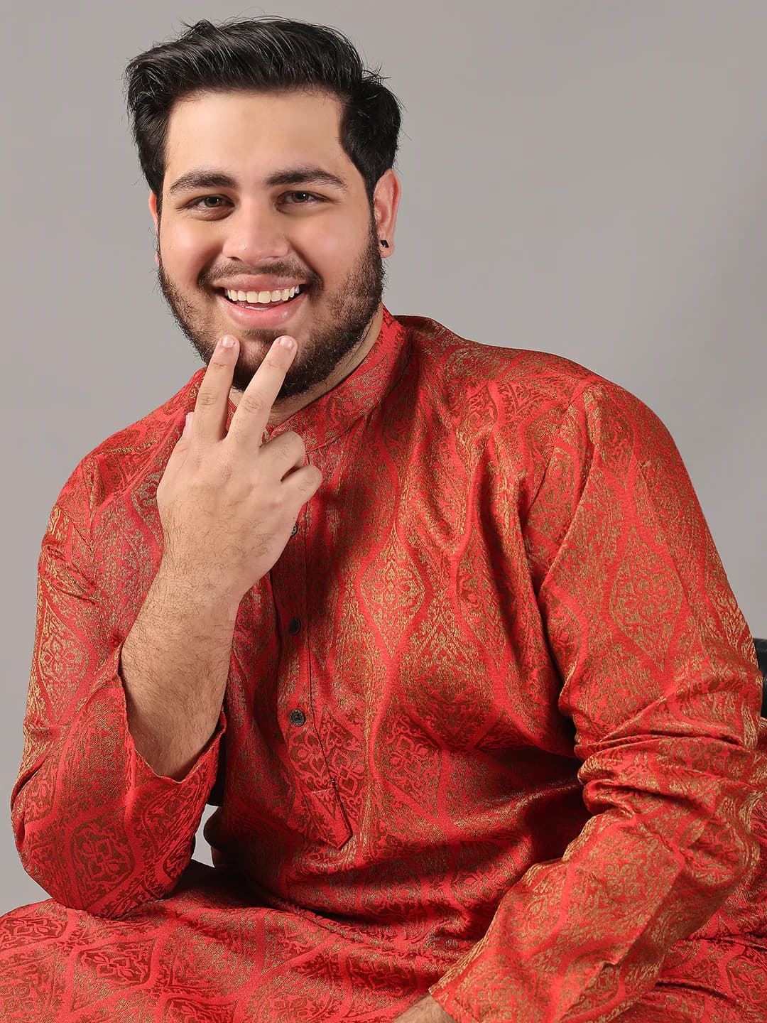 Men's Red Festive Textured Oversized Fit Kurta