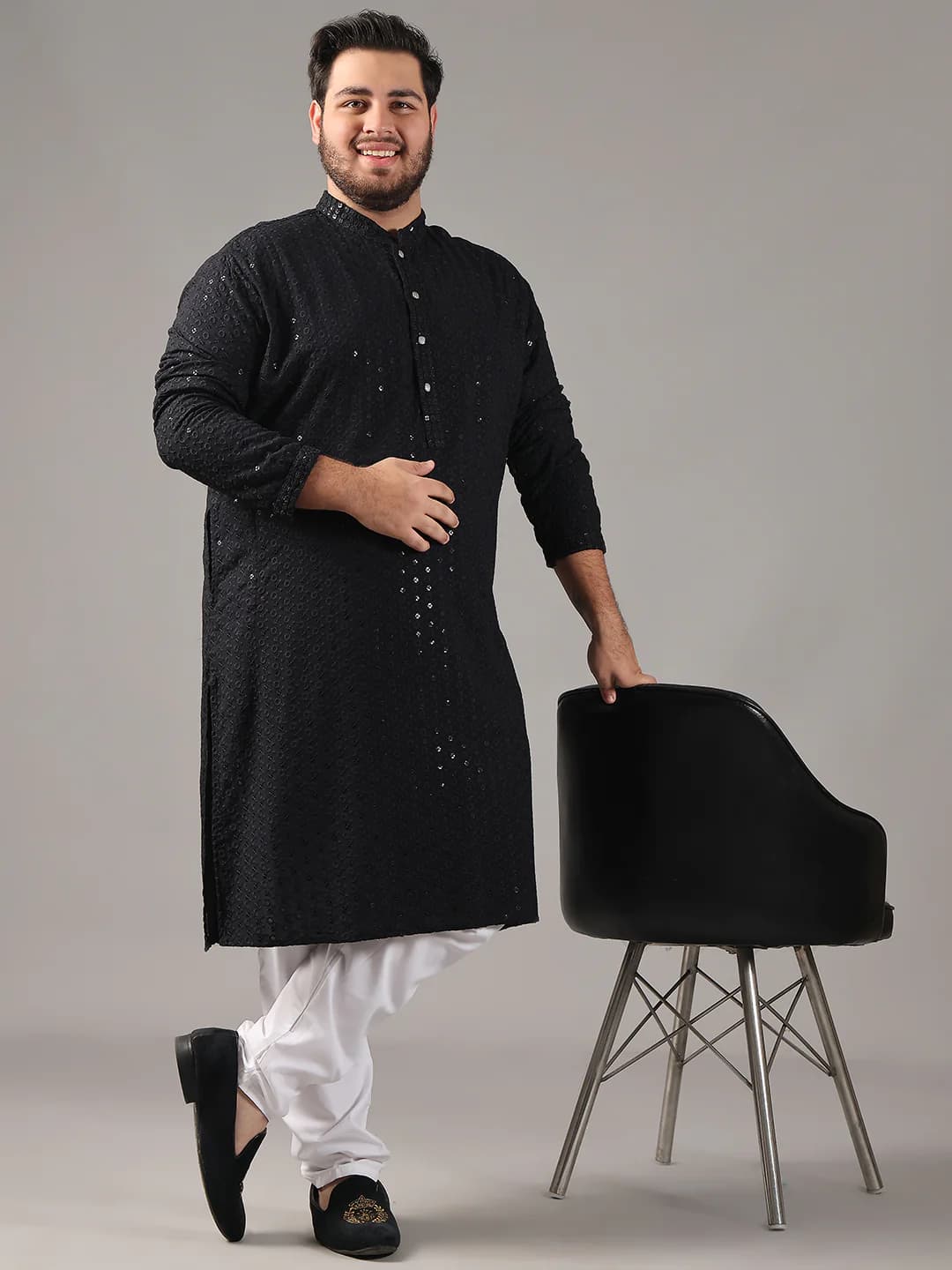Men's Black Festive Sequins Oversized Fit Kurta and Mid Rise Pyjama