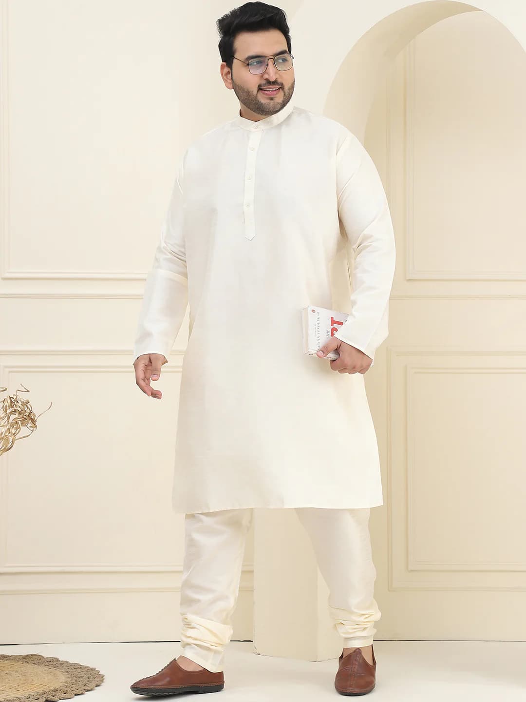 Men's Cream Festive Solid Oversized Fit Kurta and Mid Rise Pyjama