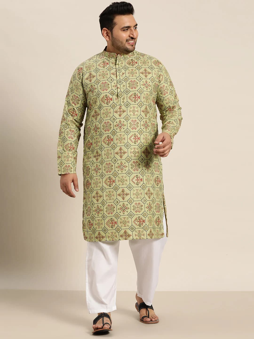 Men's Green Festive Printed Oversized Fit Kurta and Mid Rise Pyjama
