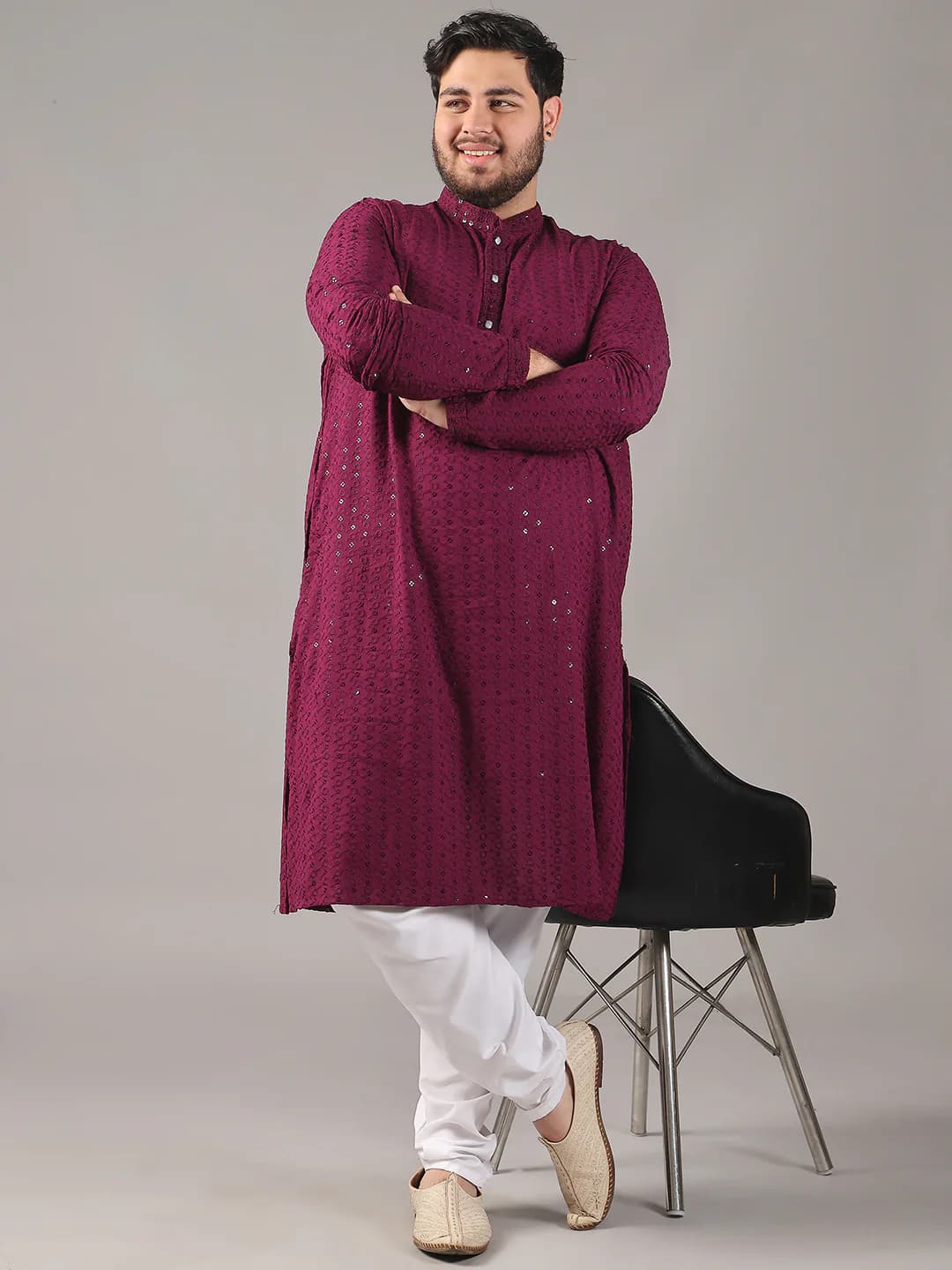 Men's Purple Festive Sequins Oversized Fit Kurta and Mid Rise Pyjama