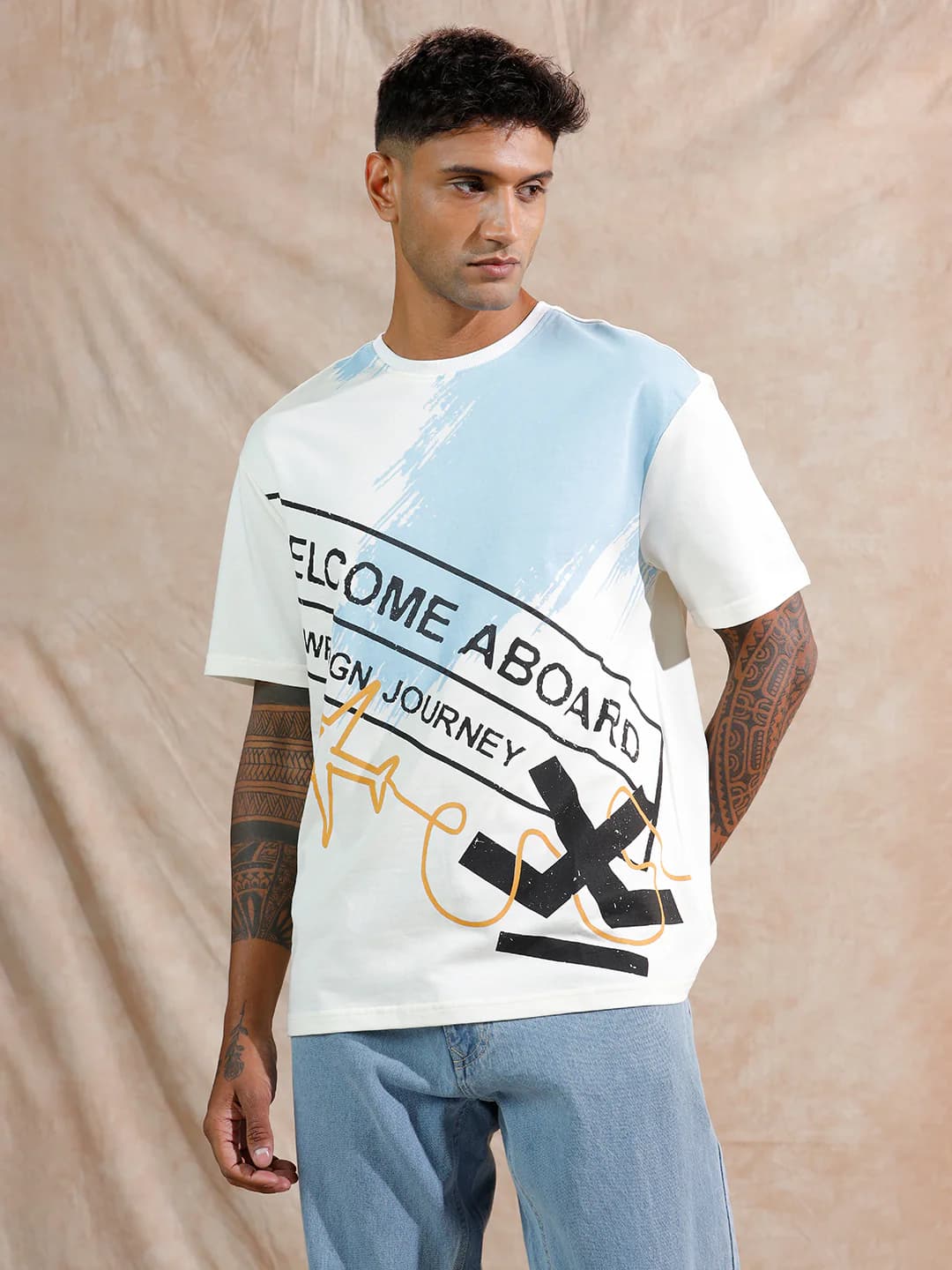 Men's White Casual Panel Printed Oversized Fit Tshirt