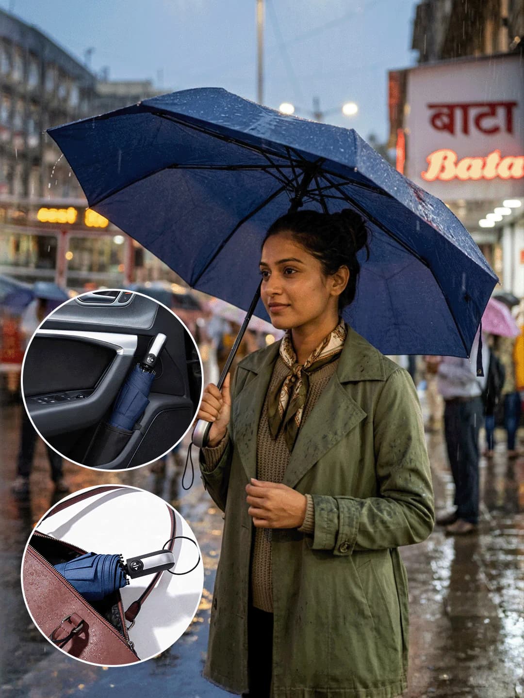 Deep Navy Auto Open Close Premium Silver Handle Umbrella UV Protected