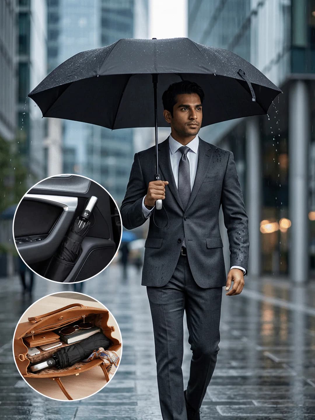 Classic Black Auto Open Close Premium Silver Handle Umbrella UV Protected