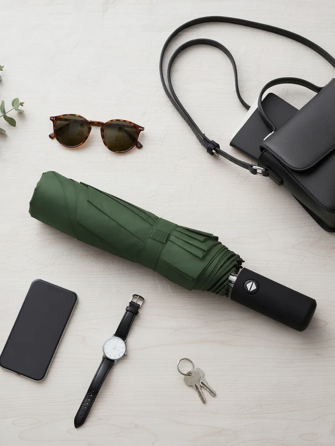 Olive Green Auto Open Close Torch Umbrella UV Protected & Water Resistance