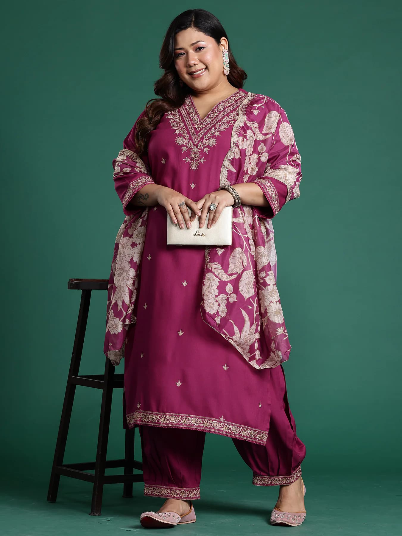 Women's Pink Embroidered Straight Kurta Salwar with Dupatta Set