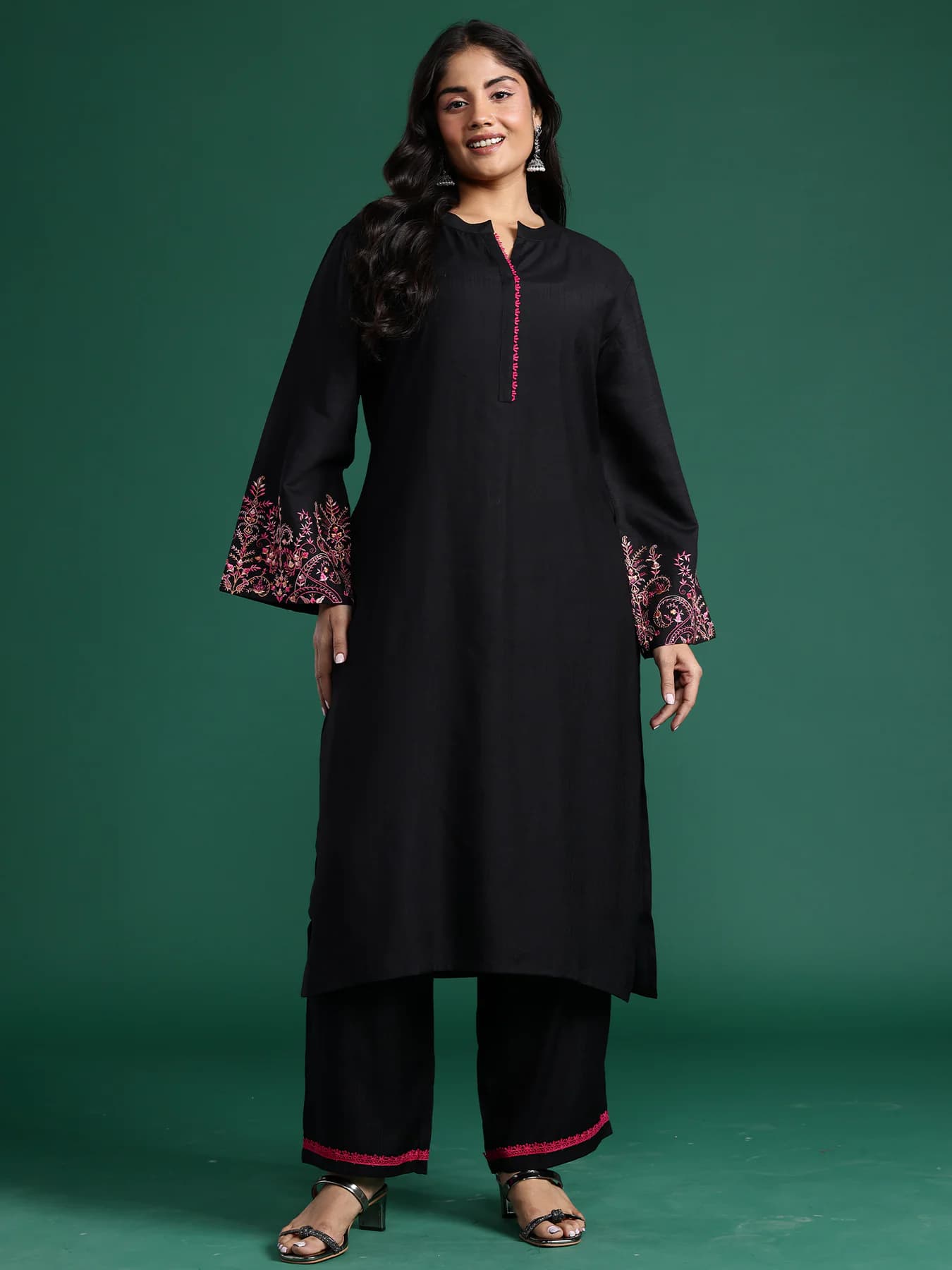 Women's Black Embroidered Straight Kurta Trouser Set