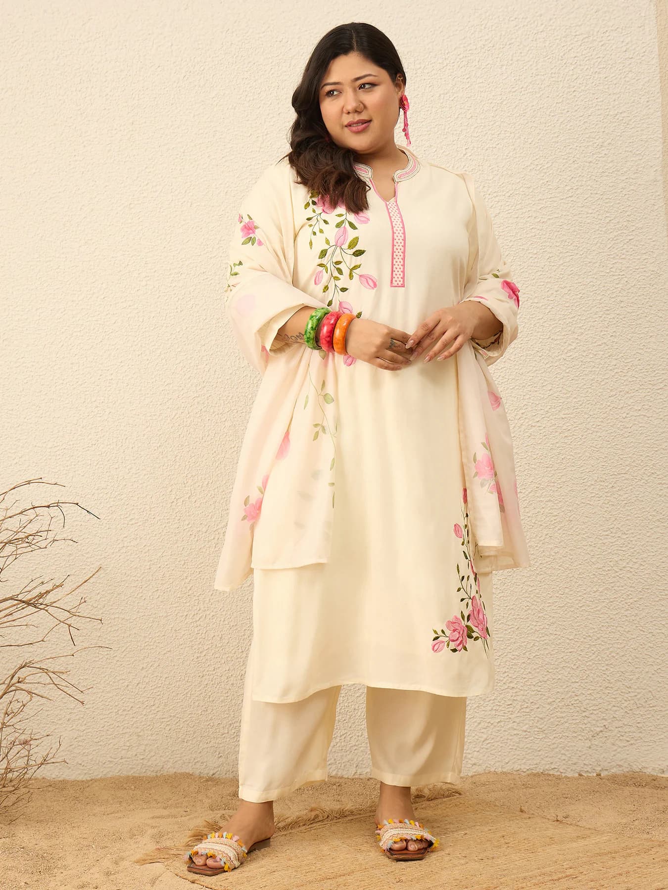 Women's Off White Embroidered Straight Kurta Trouser with Dupatta Set