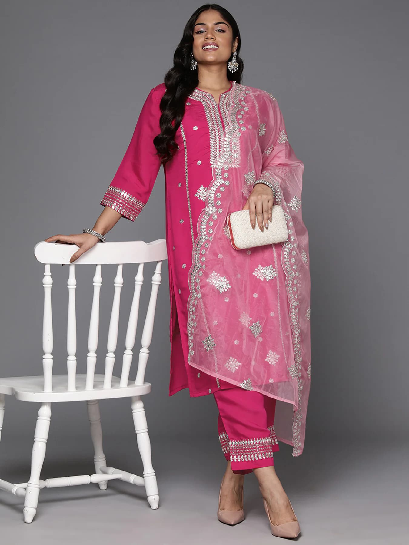 Women's Pink Embroidered Straight Kurta Trouser with Dupatta Set