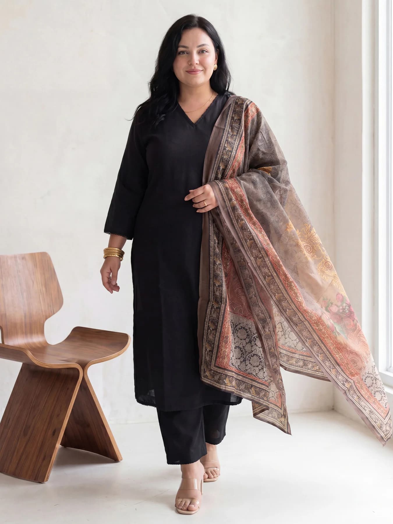 Women's Black Solid A-Line Kurta Trouser with Dupatta Set