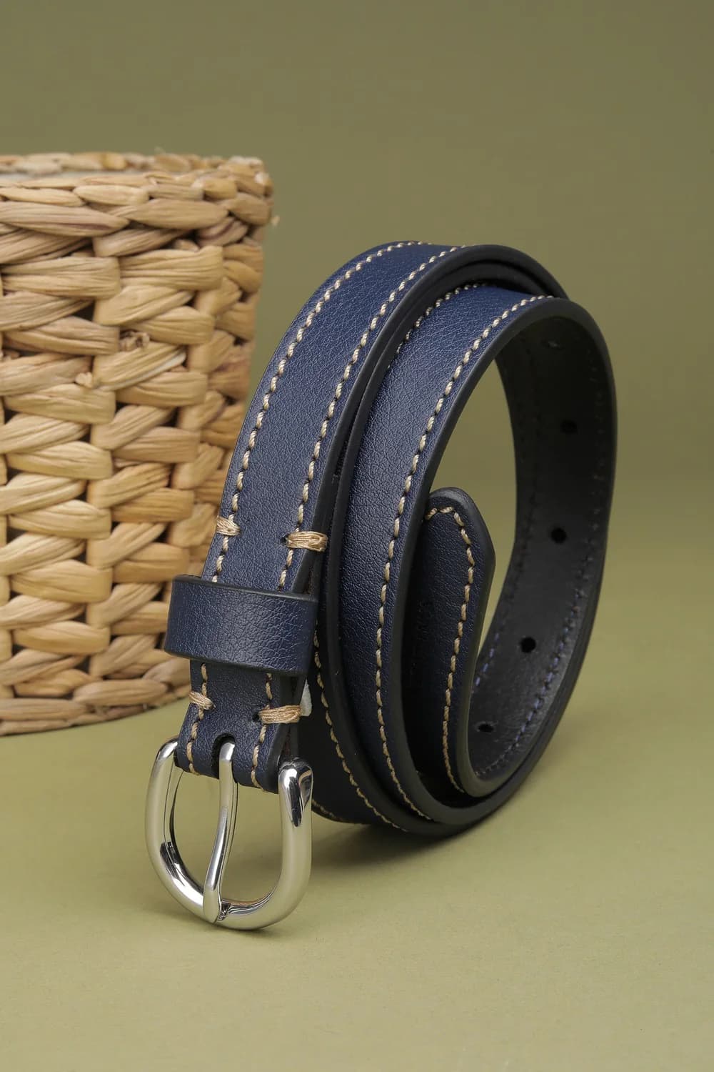 Women's Navy Solid Casual Leather Belt