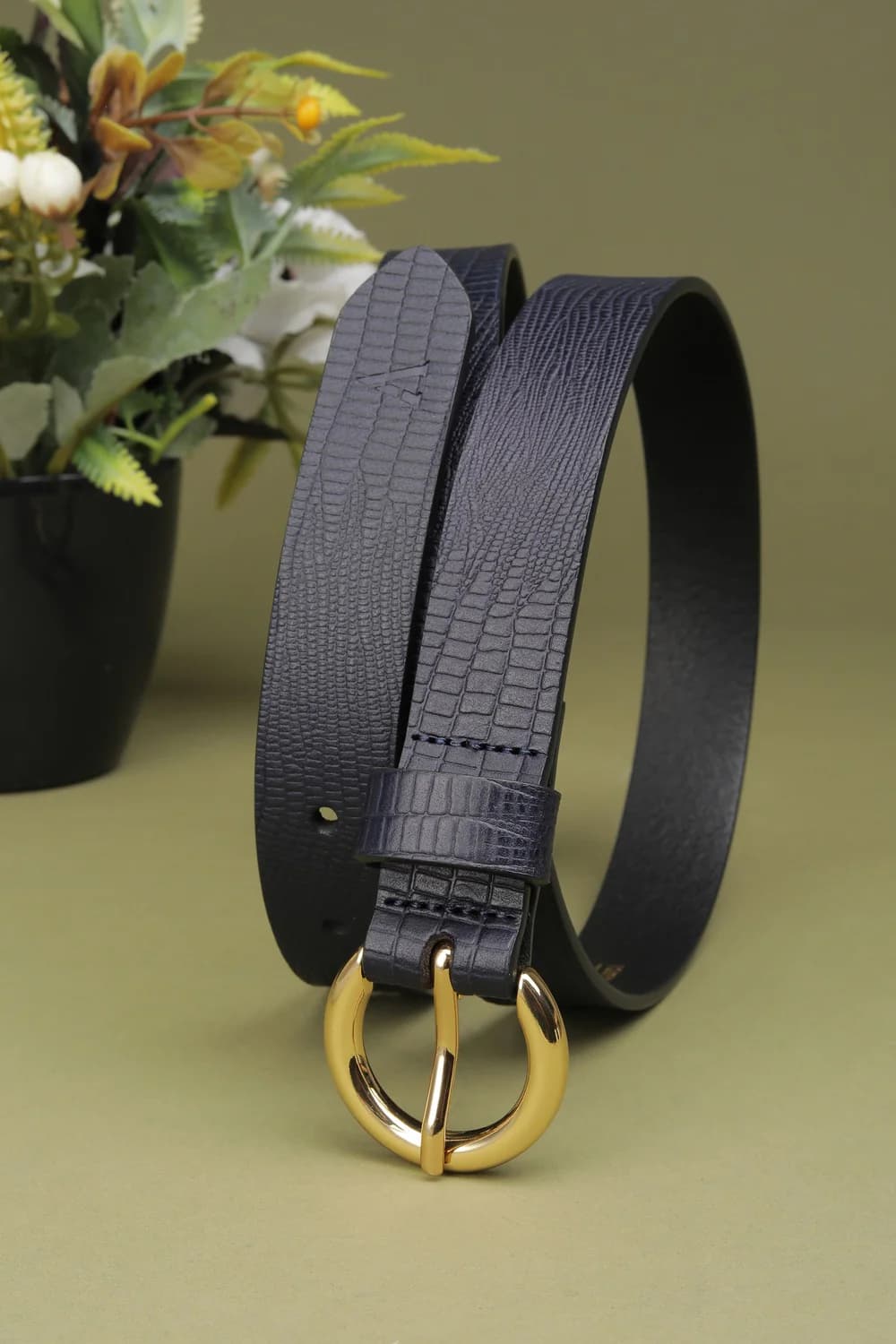 Women's Navy Textured Casual Leather Belt