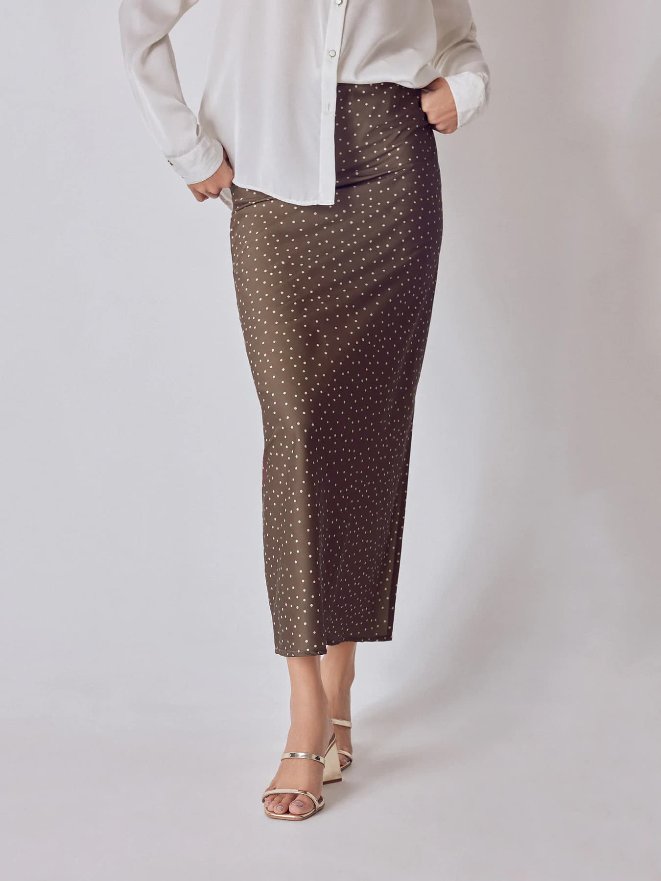 Women's Brown Casual Polka Satin Maxi Skirt