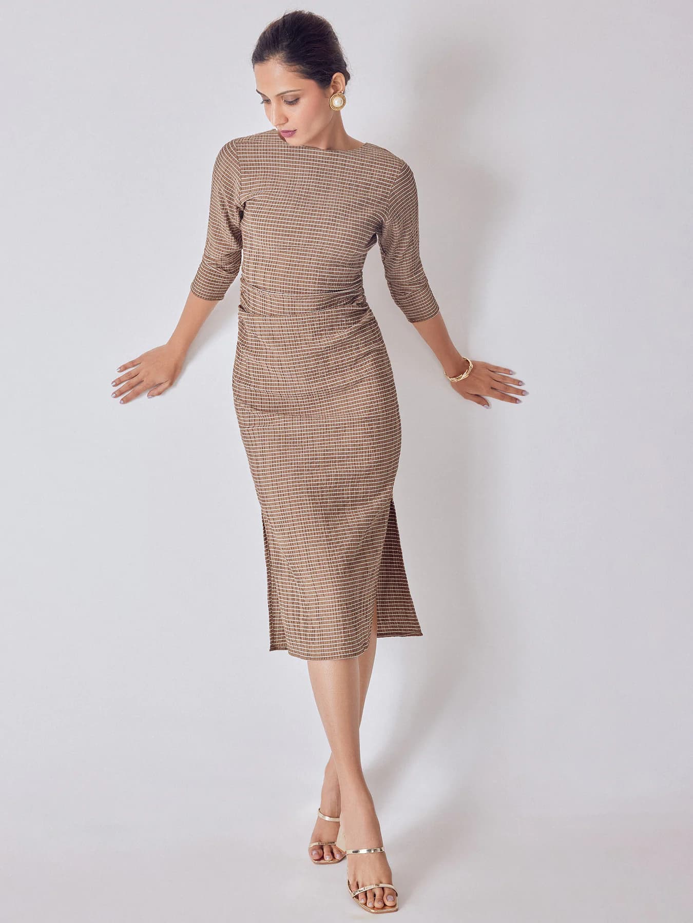 Women's Brown Casual Striped Ruched Midi Dress