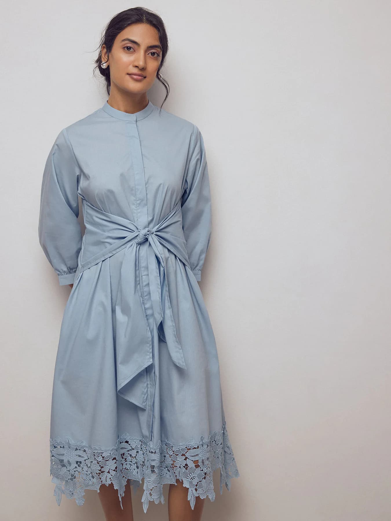 Women's Blue Casual Hem Front Tie Dress