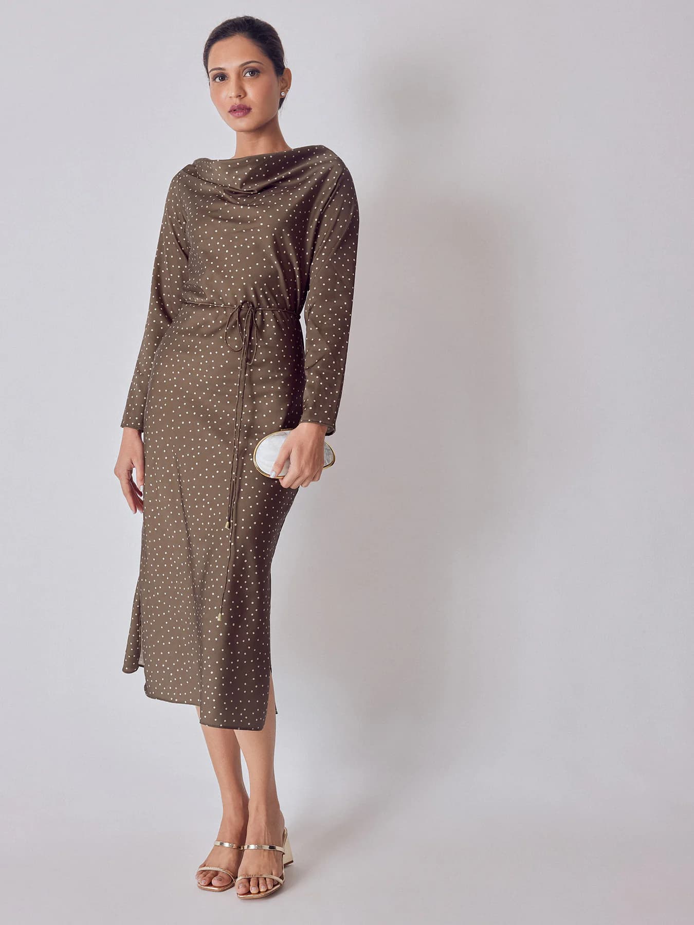 Women's Brown Casual Polka Satin Maxi Dress