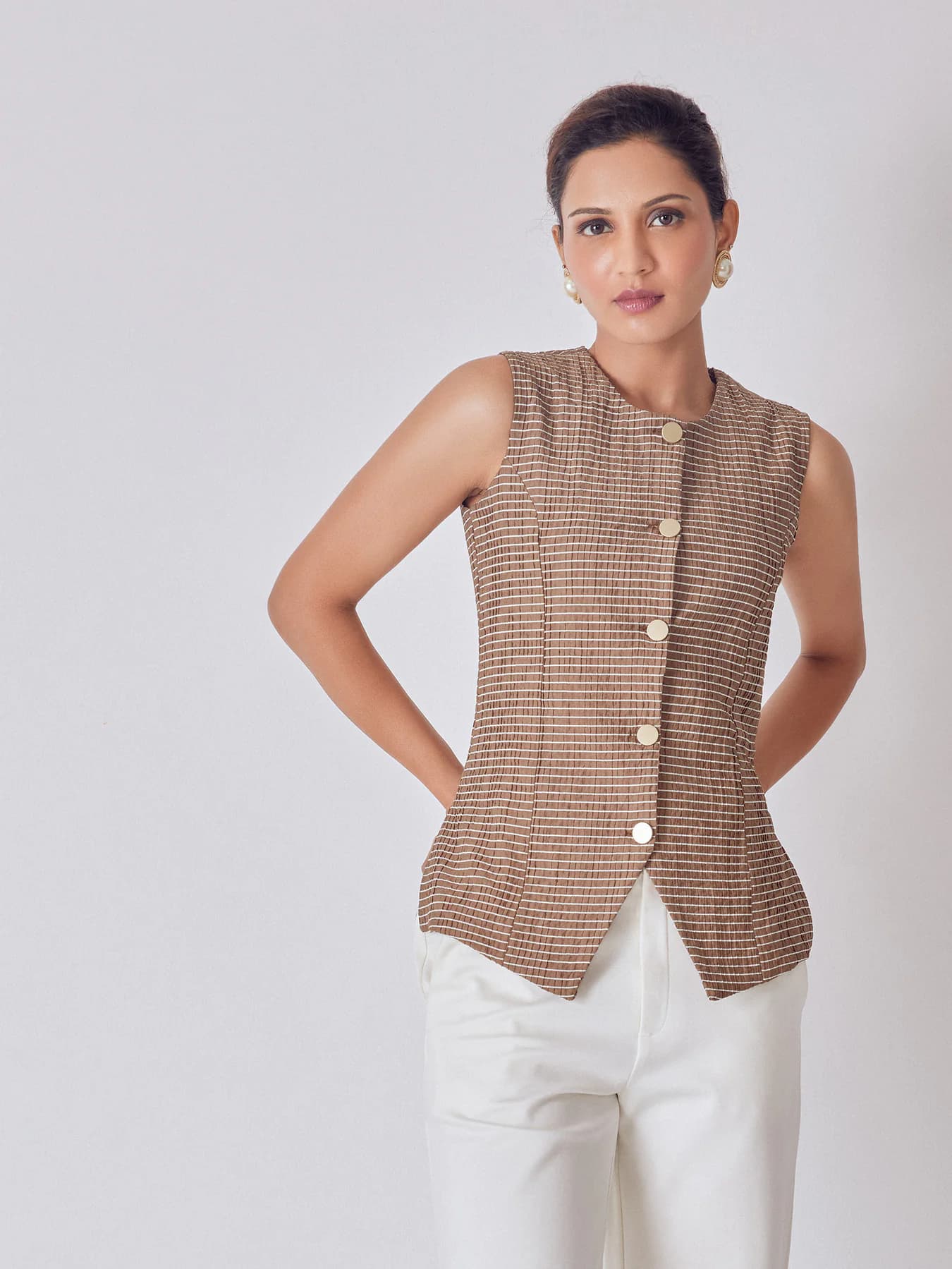 Women's Brown Casual Striped Waistcoat
