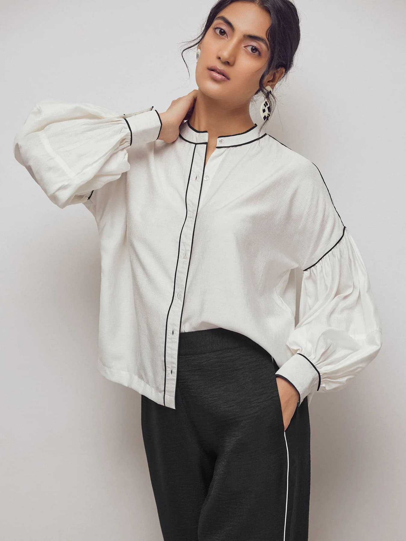 Women's White Contrast Piping Shirt