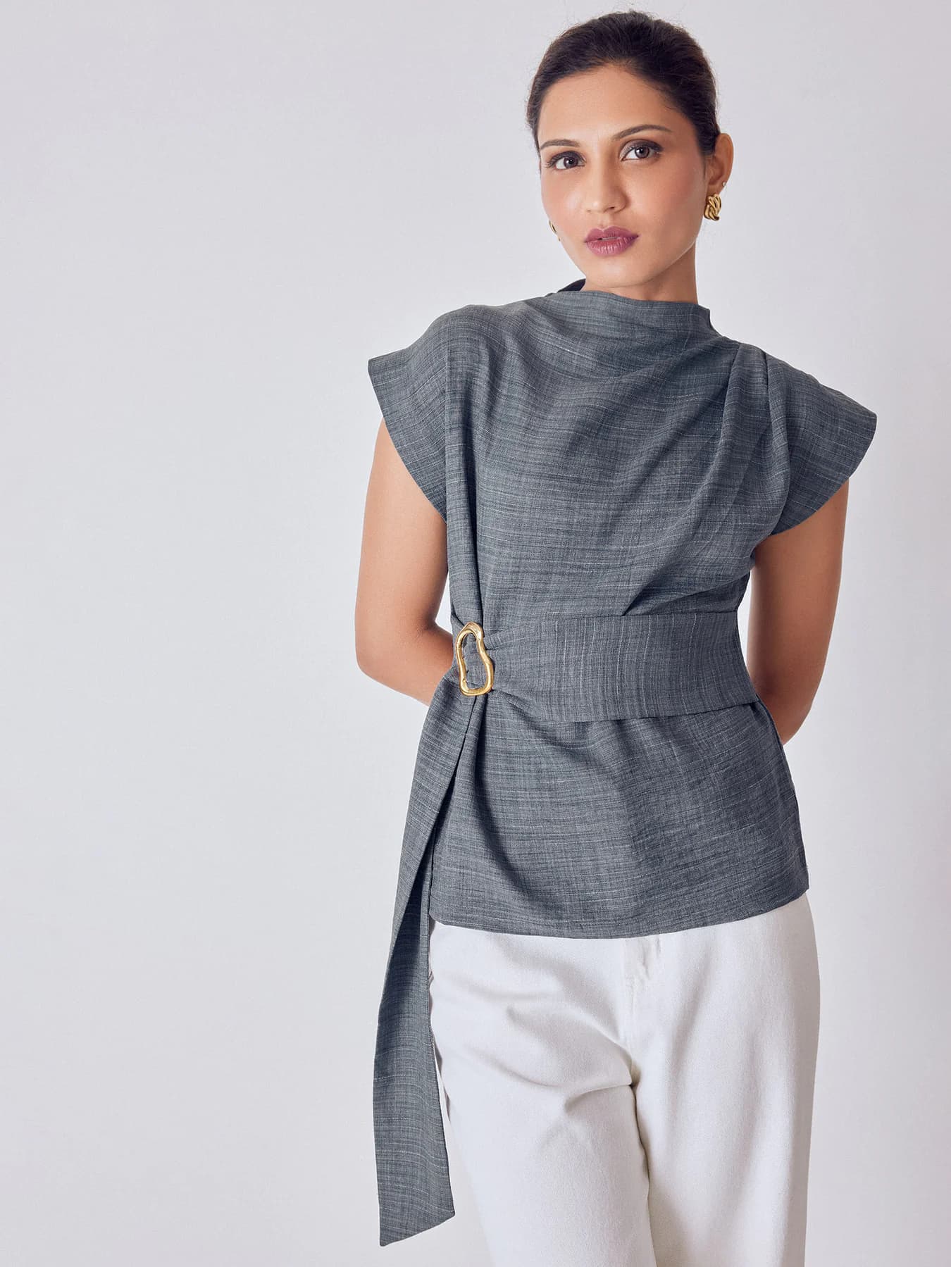 Women's Slate Grey Buckled Wrap Top