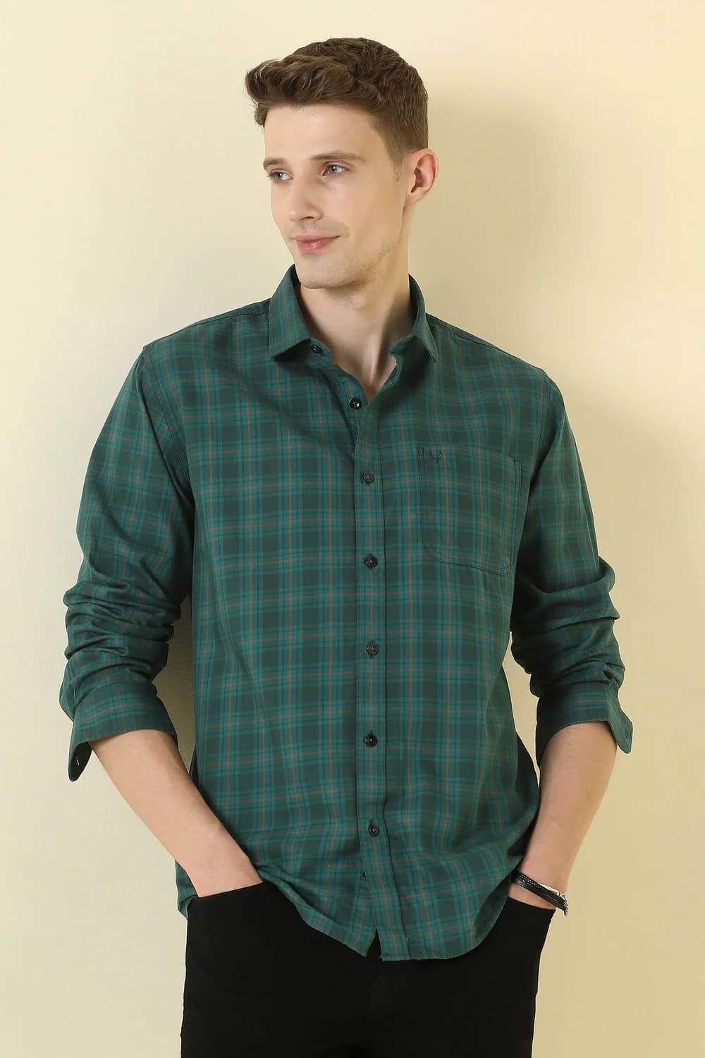 Men's Green Casual Slim Fit Checked Full Sleeves Shirt