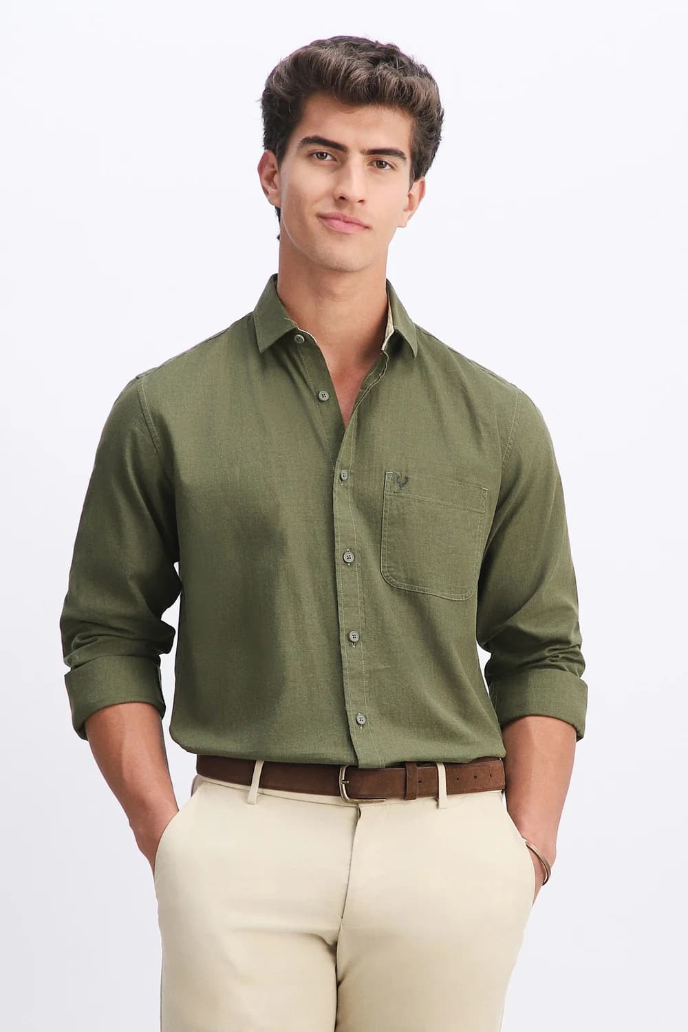 Men's Green Casual Slim Fit Solid Full Sleeves Shirt