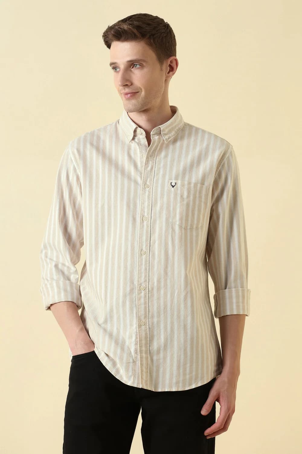 Men's Beige Casual Slim Fit Striped Full Sleeves Shirt