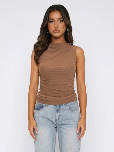 Women's Brown Casual Sleeveless Solid Regular Top