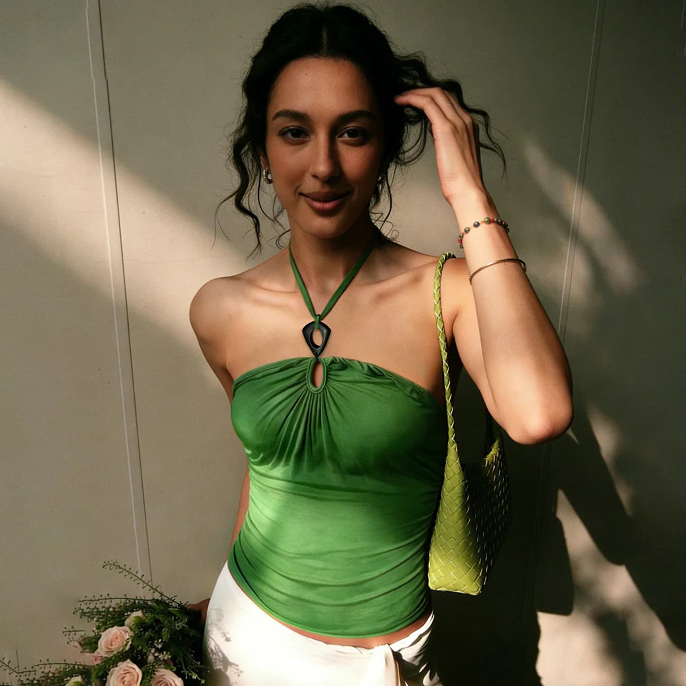 Women's Green Casual Sleeveless Solid Crop Top