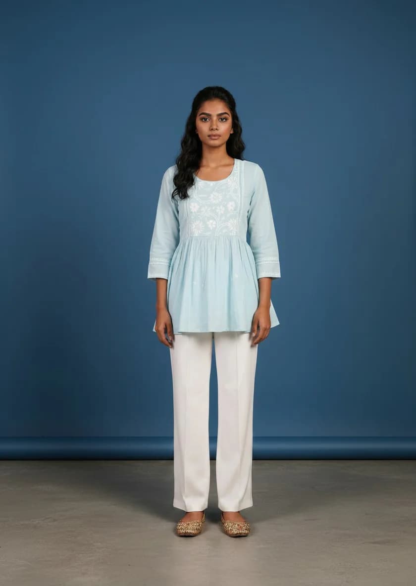 Women's Blue Casual Regular Fit Embroidered Chikankari Kurta