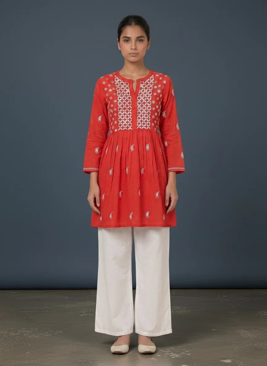 Women's Red Casual Regular Fit Embroidered Chikankari Kurta
