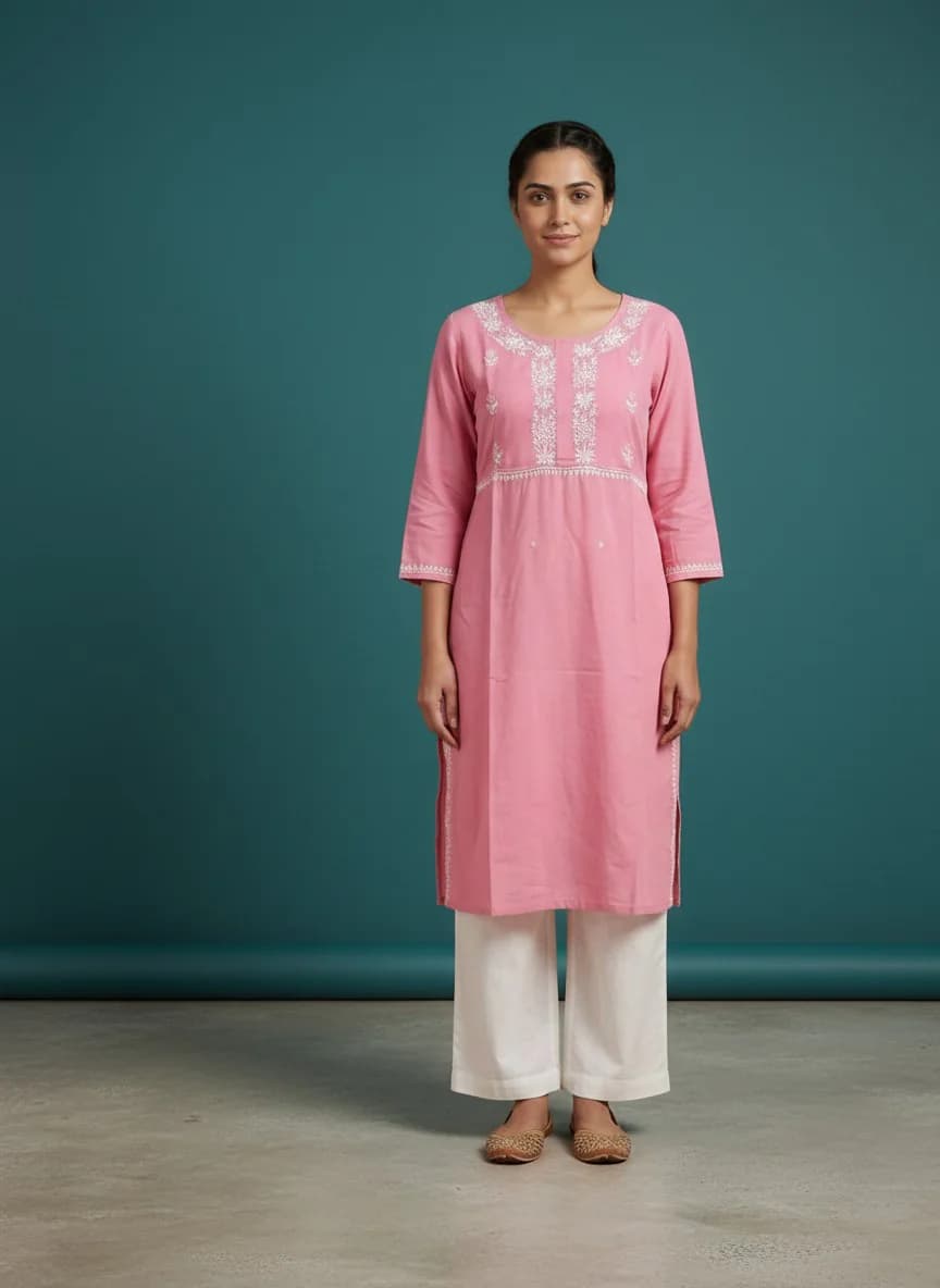Women's Pink Casual Regular Fit Embroidered Chikankari Kurta