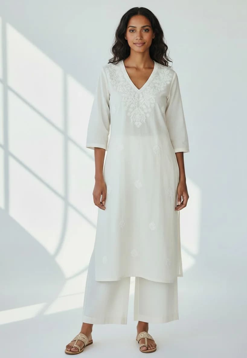 Women's White Casual Regular Fit Embroidered Chikankari Kurta