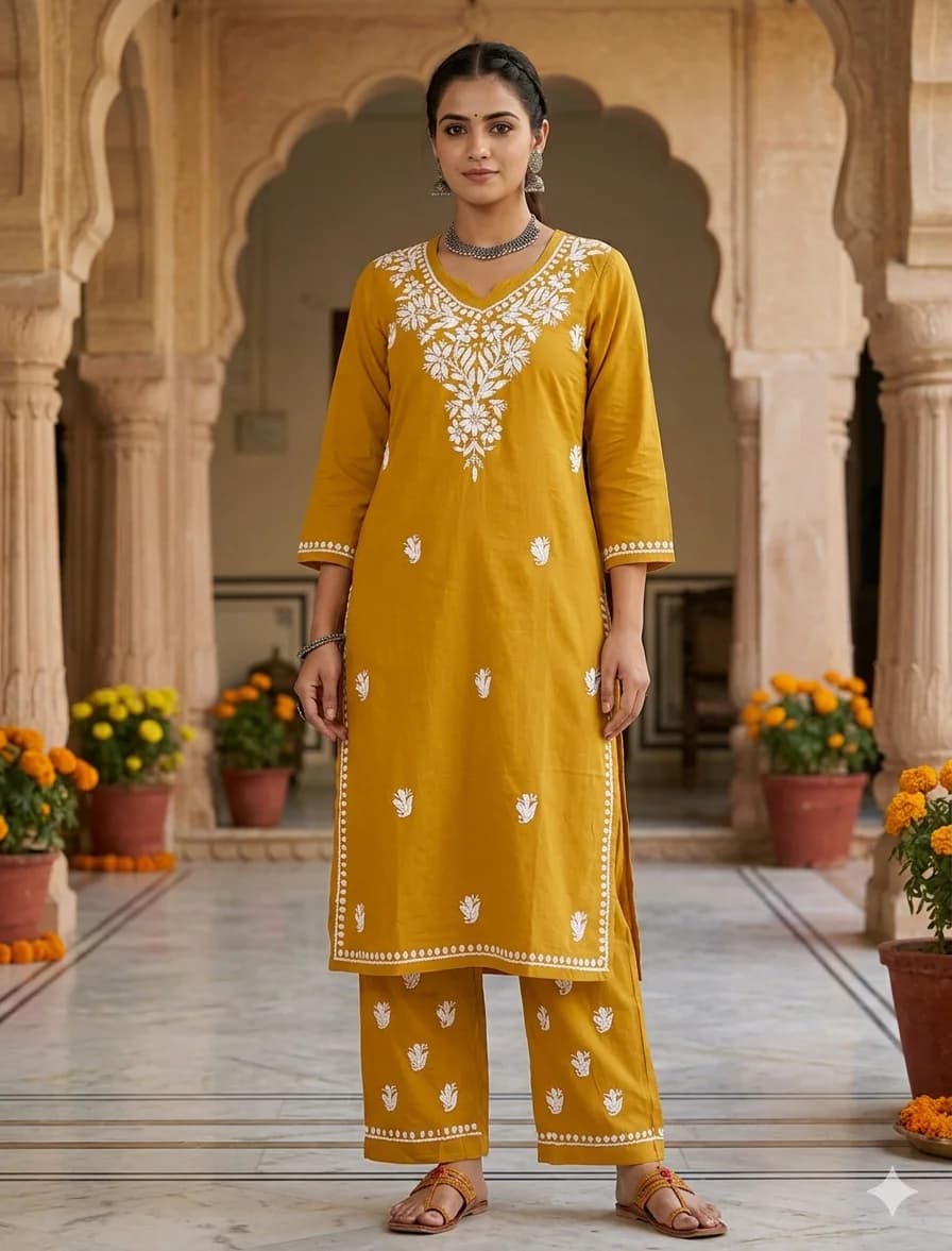 Women's Yellow Party Embroidered Chikankari Kurta Set