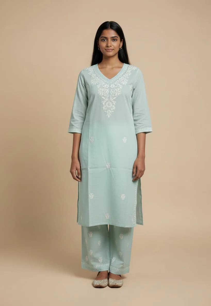 Women's Blue Party Embroidered Chikankari Kurta Set