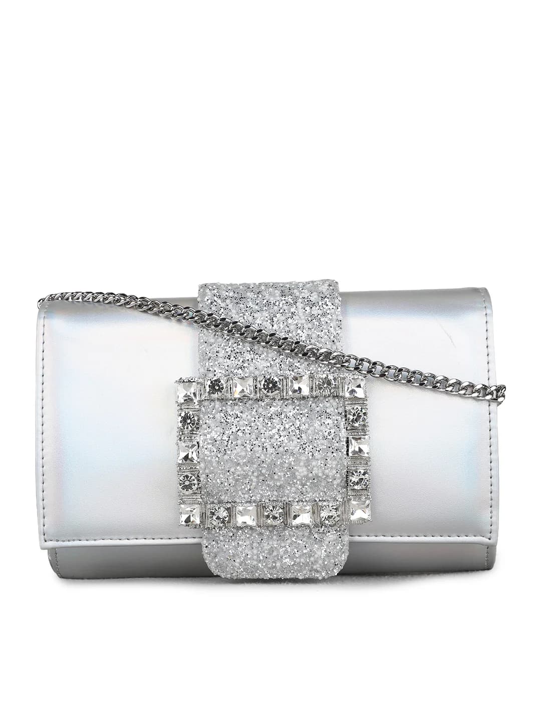 Women's Silver Embellished Party Clutch Handbag