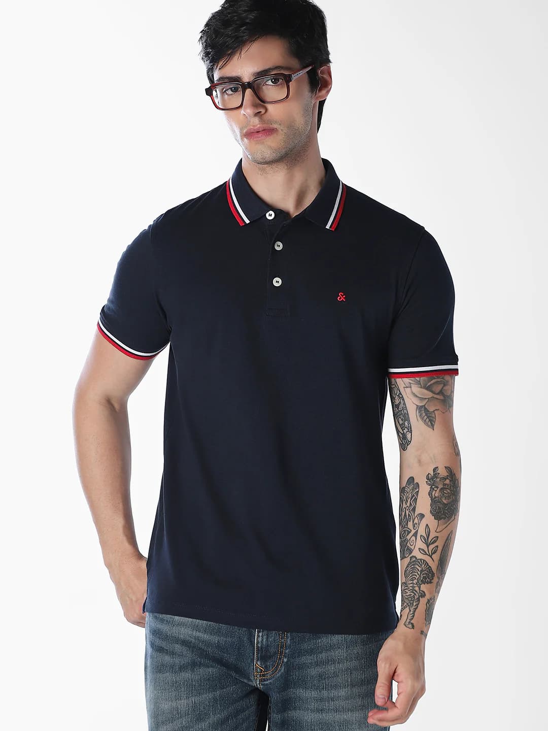 Men's Navy Contrast Tipping Organic Cotton Polo Tshirt