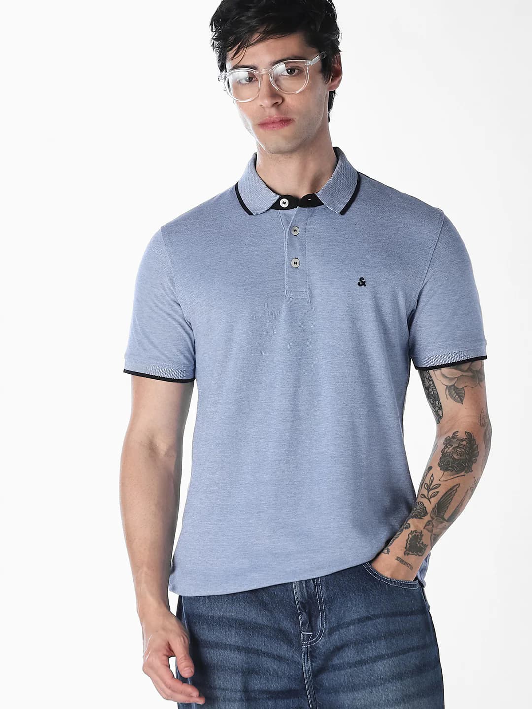 Men's Light Blue Contrast Tipping Organic Cotton Polo Tshirt