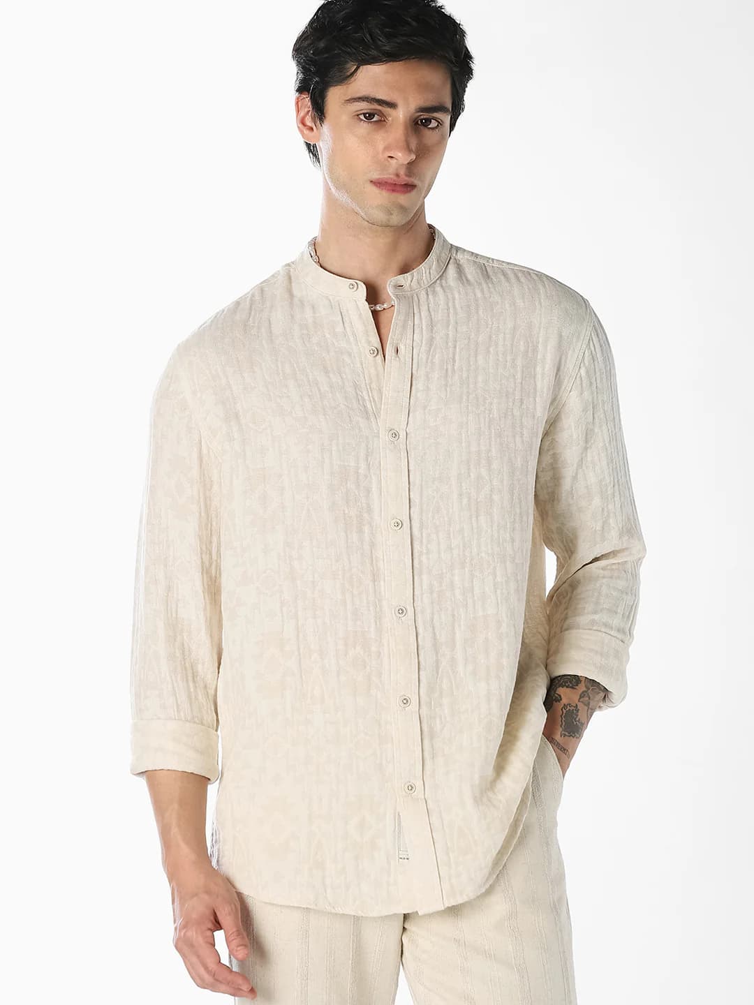Men's Beige Jacquard Cotton Shirt